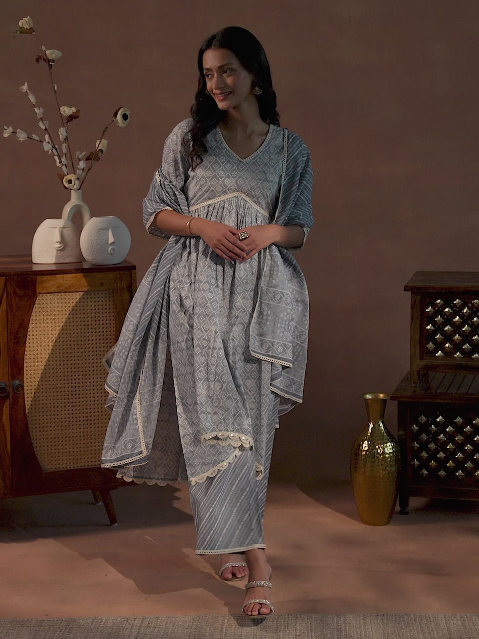 Grey Printed Cotton A-Line Kurta With Palazzos & Dupatta