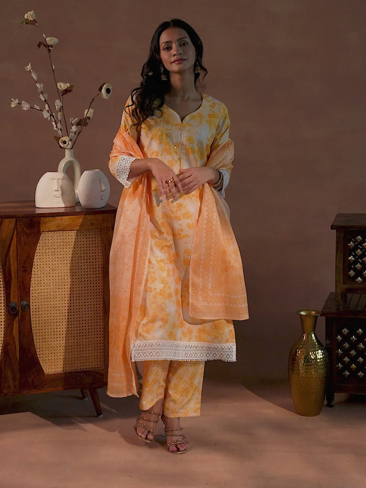 Yellow Embroidered Cotton Blend Straight Suit With Dupatta