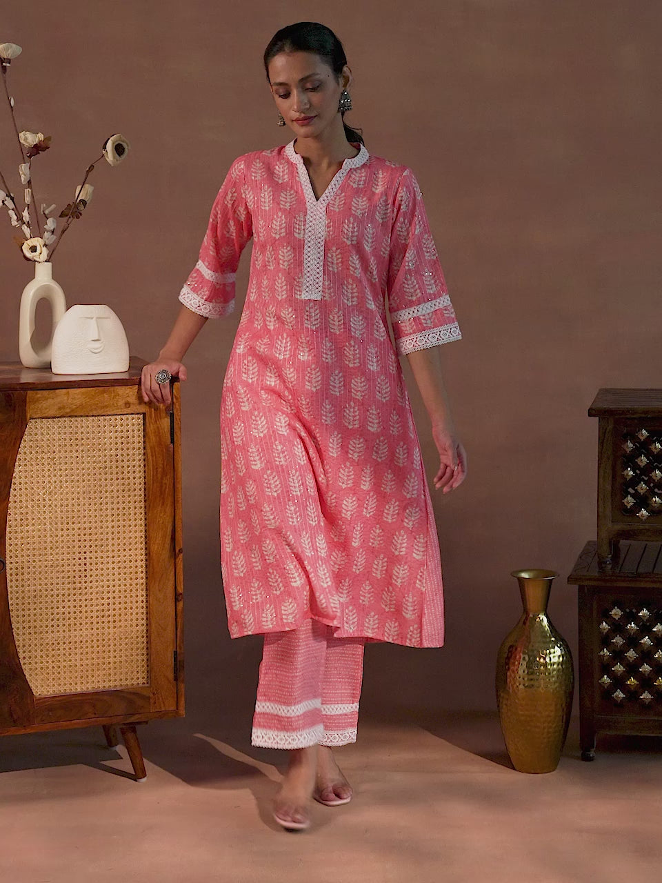 Peach Printed Cotton Blend A-Line Kurta With Trousers