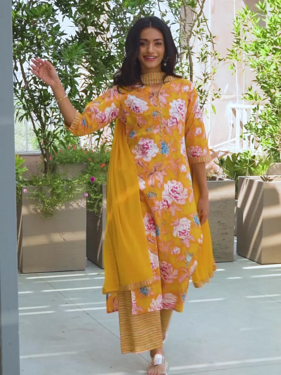 Mustard Printed Cotton Straight Suit With Dupatta