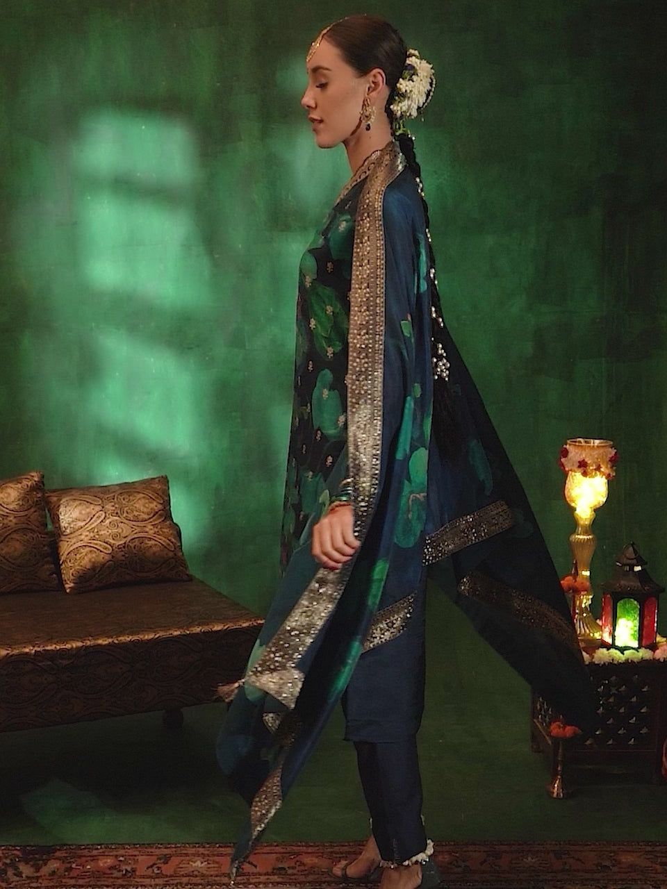 Blue Printed Silk Blend Straight Suit With Dupatta