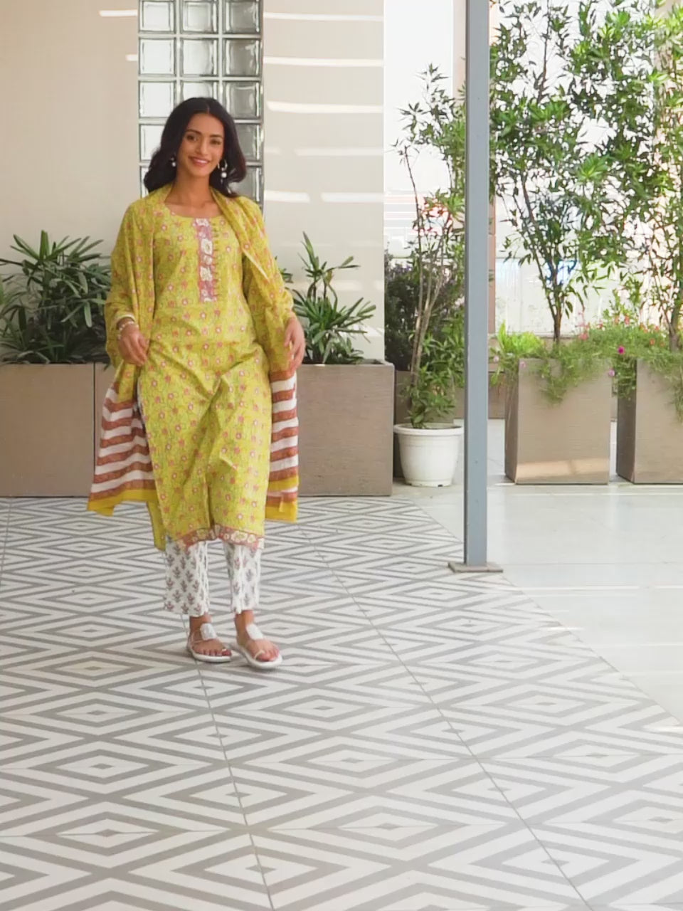 Yellow Printed Cotton Straight Suit With Dupatta