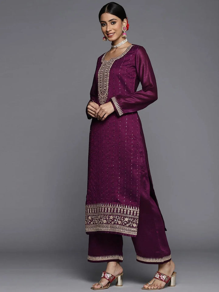 Purple Embroidered Silk Blend Straight Suit Set - ShopLibas