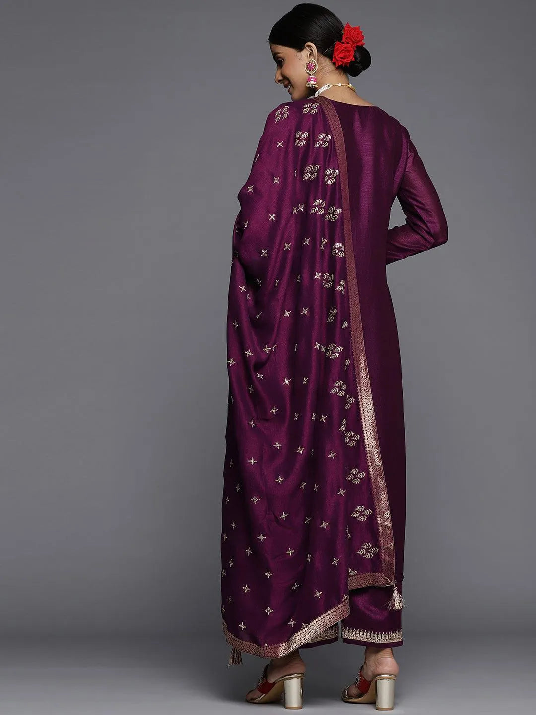 Purple Embroidered Silk Blend Straight Suit Set - ShopLibas