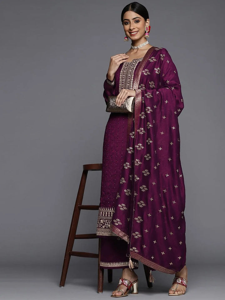 Purple Embroidered Silk Blend Straight Suit Set - ShopLibas