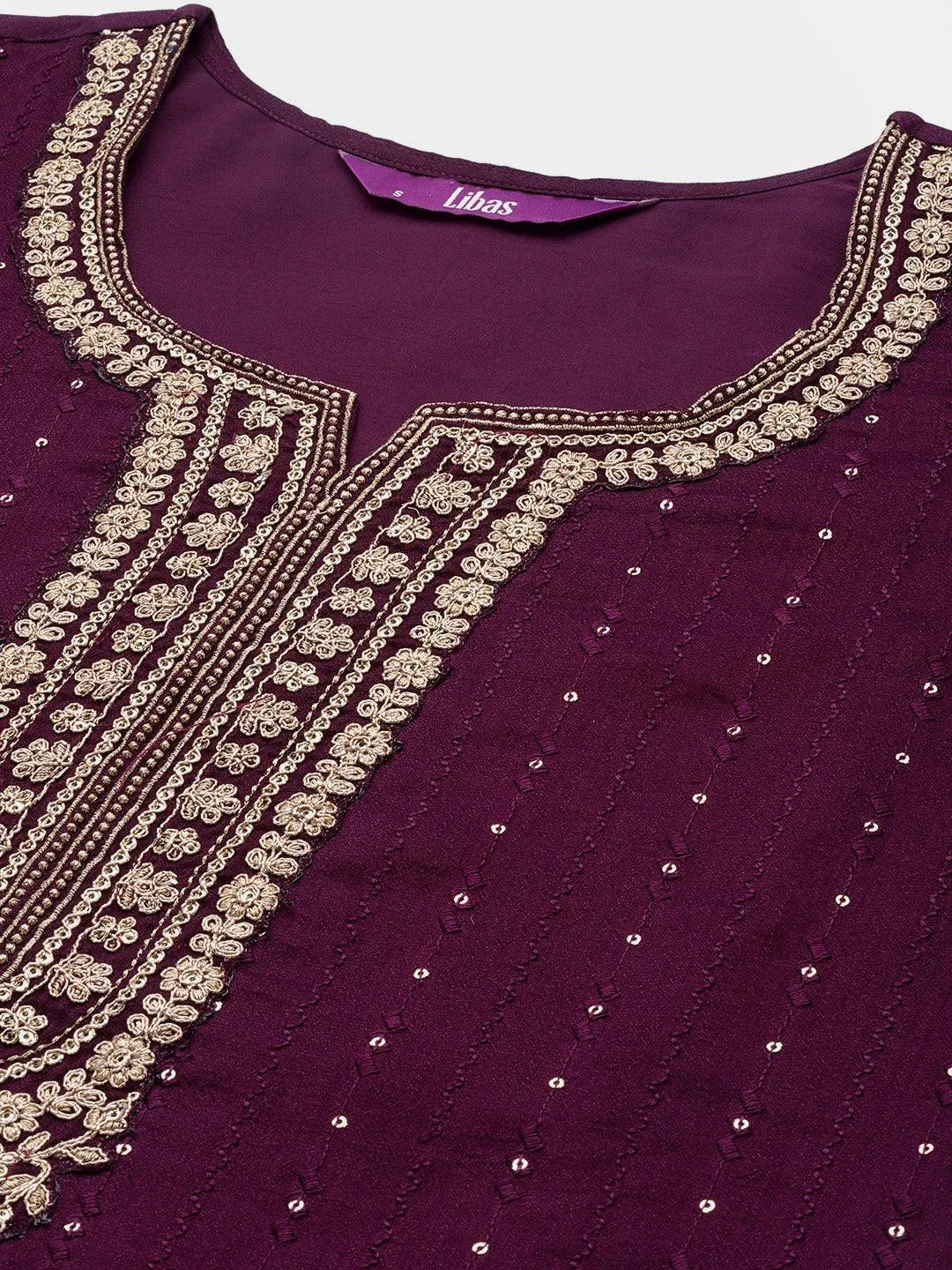 Purple Embroidered Silk Blend Straight Suit Set - ShopLibas