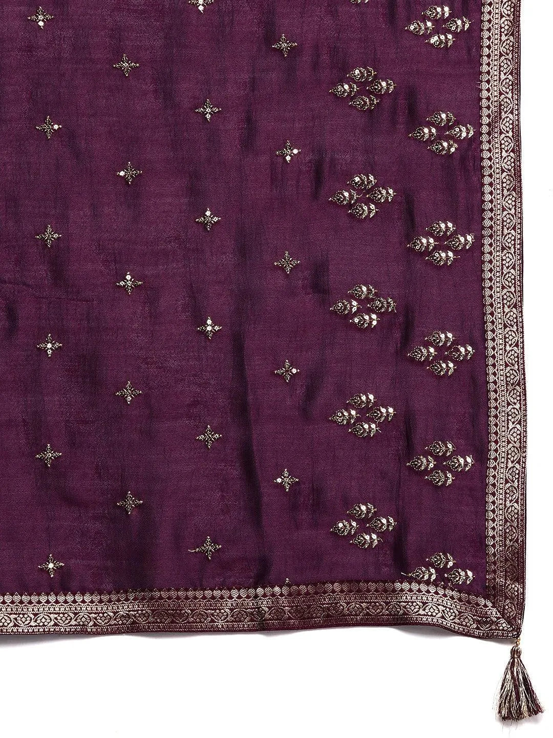 Purple Embroidered Silk Blend Straight Suit Set - ShopLibas