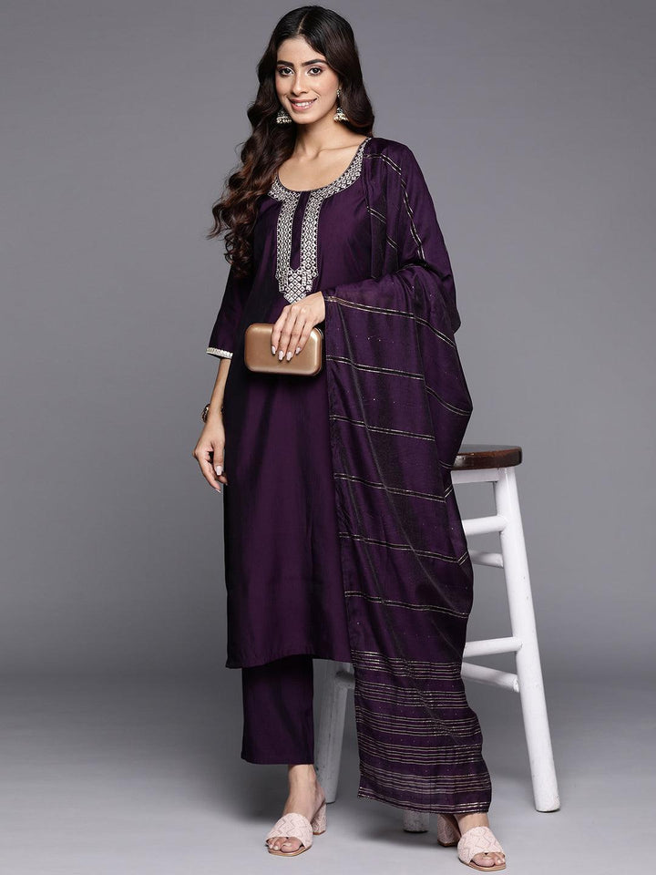 Purple Embroidered Silk Blend Straight Kurta With Trousers & Dupatta - Libas