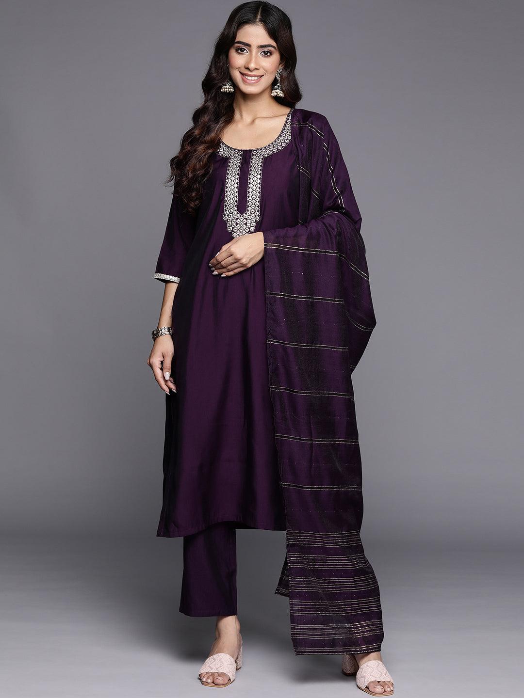 Purple Embroidered Silk Blend Straight Kurta With Trousers & Dupatta - Libas