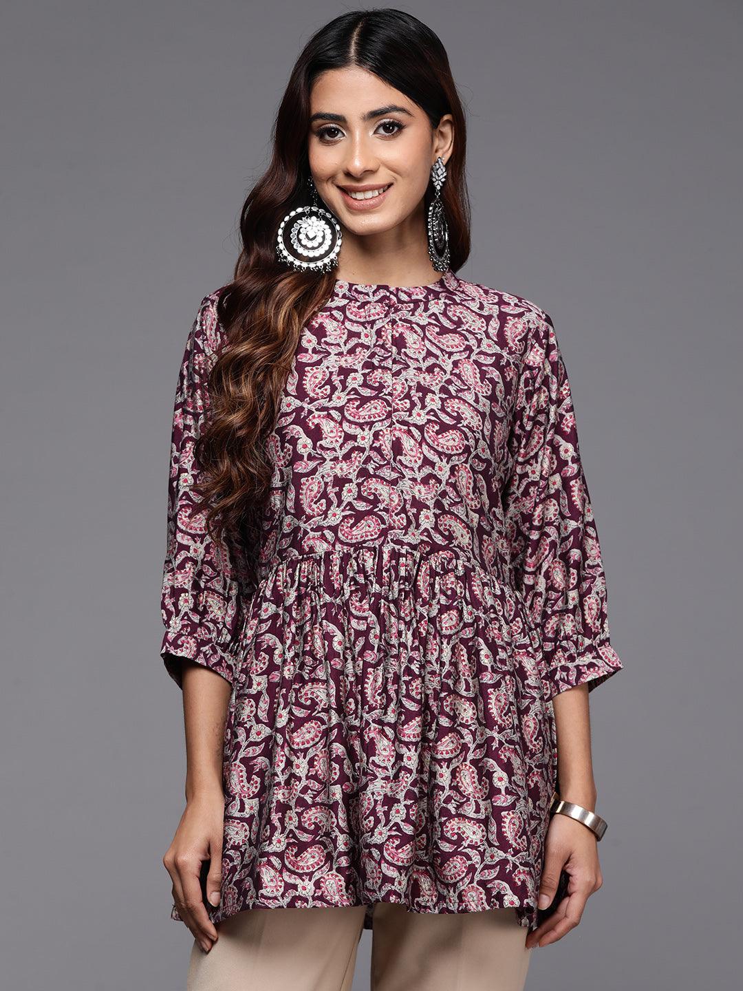 Purple Printed Silk Blend A-Line Kurti