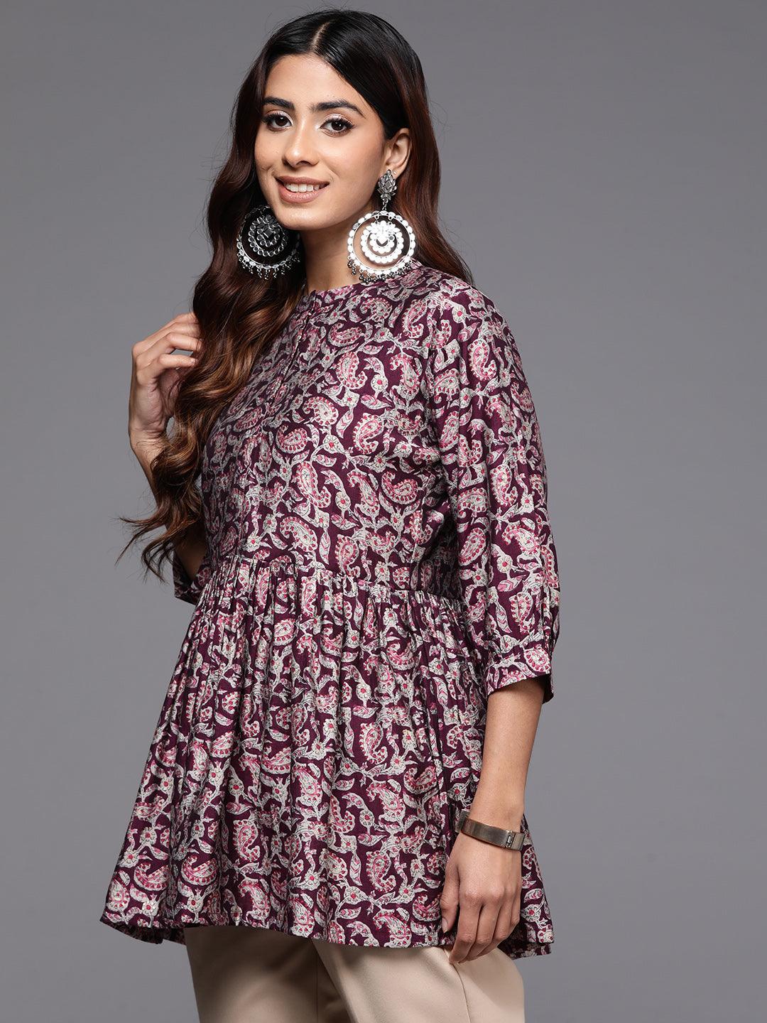 Purple Printed Silk Blend A-Line Kurti