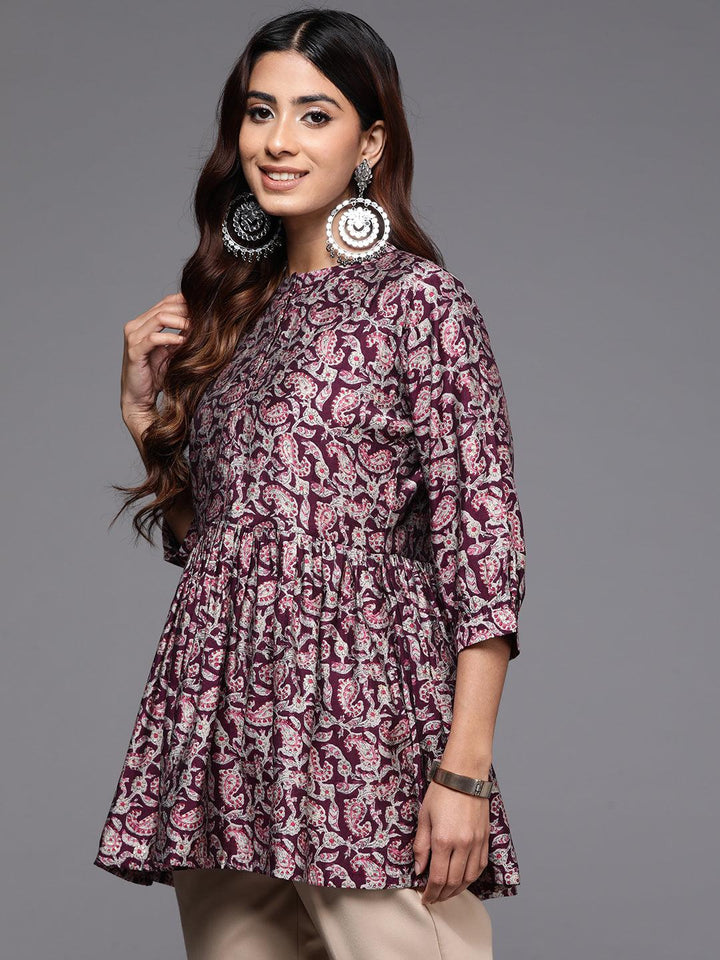 Purple Printed Silk Blend A-Line Kurti - ShopLibas