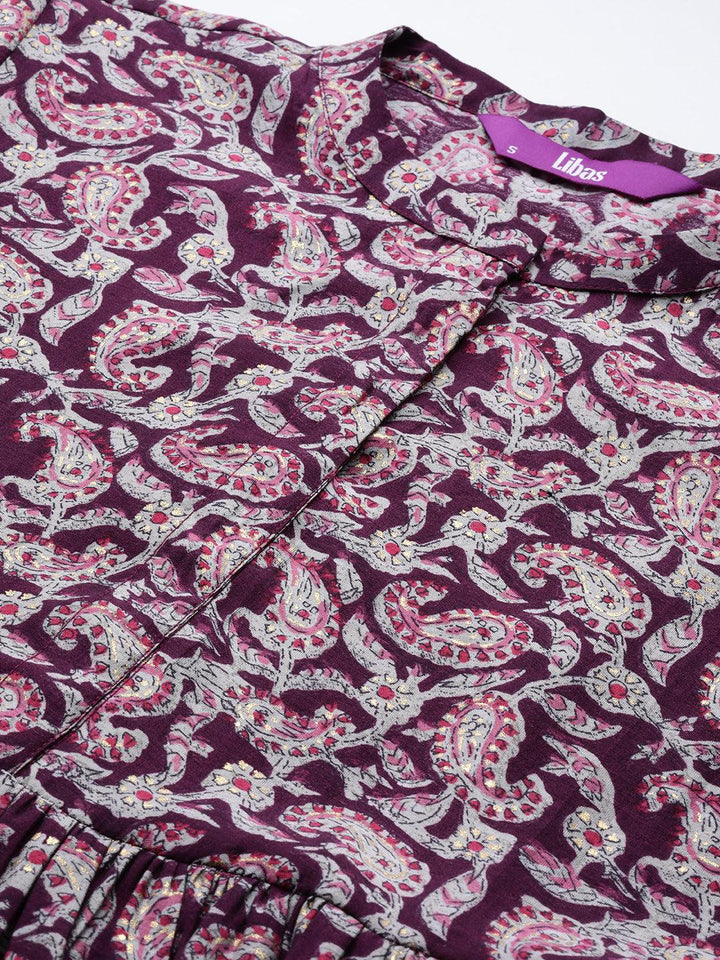 Purple Printed Silk Blend A-Line Kurti - ShopLibas