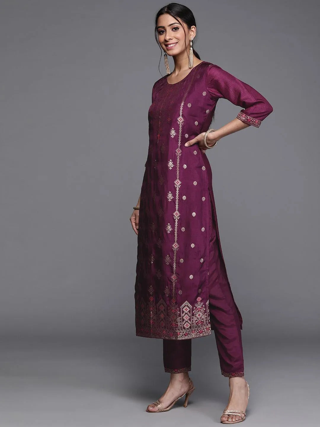 Purple Self Design Silk Suit Set