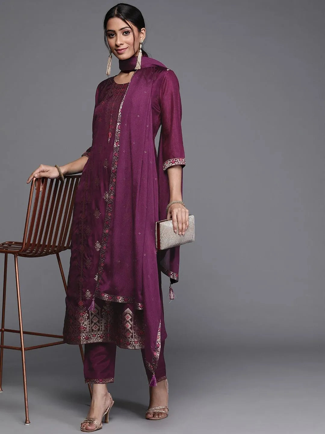 Purple Self Design Silk Suit Set