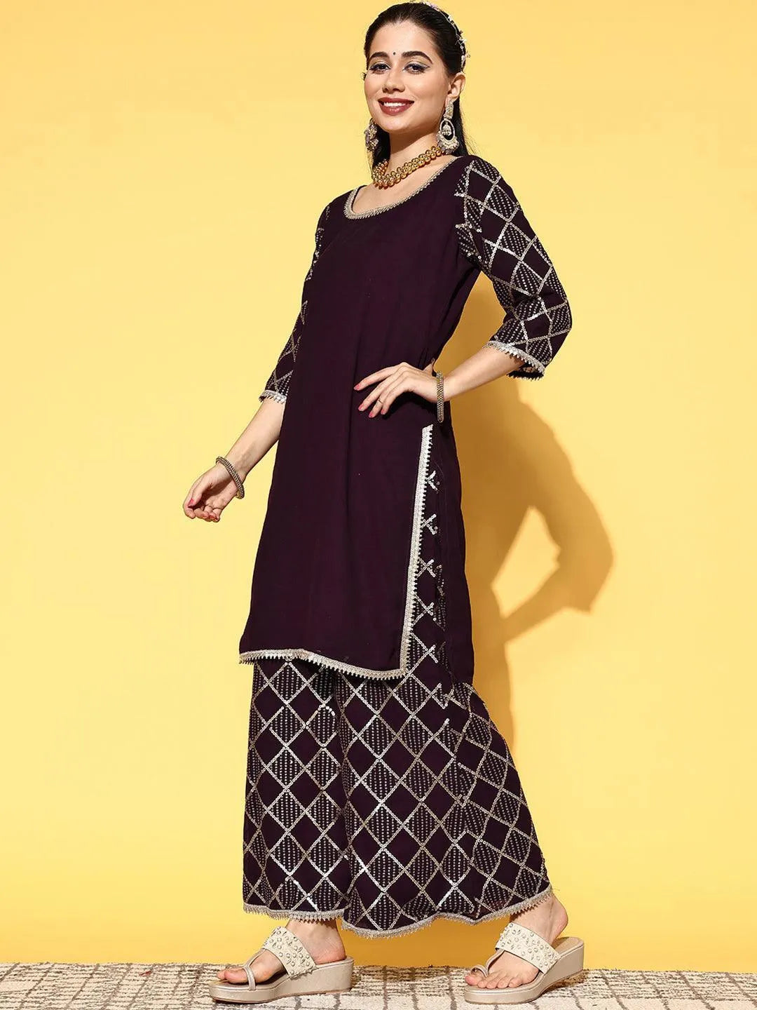 Purple Solid Georgette Straight Suit Set - ShopLibas