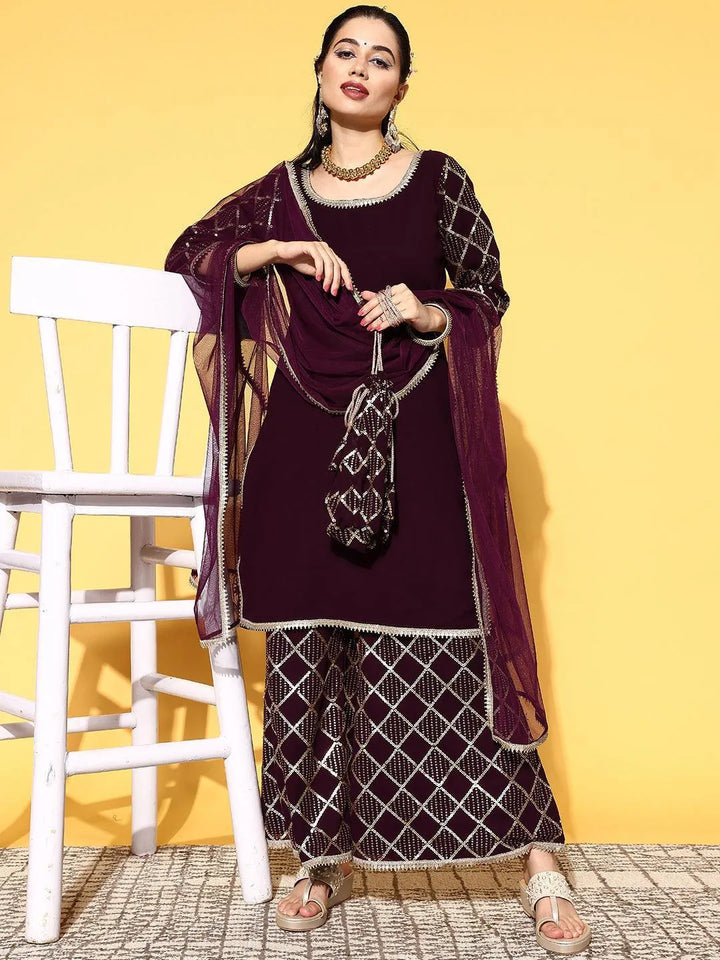 Purple Solid Georgette Straight Suit Set - ShopLibas