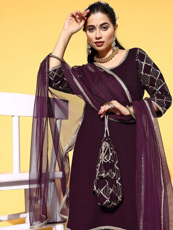 Purple Solid Georgette Straight Suit Set - ShopLibas