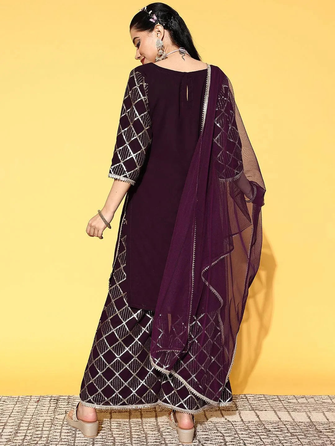 Purple Solid Georgette Straight Suit Set - ShopLibas