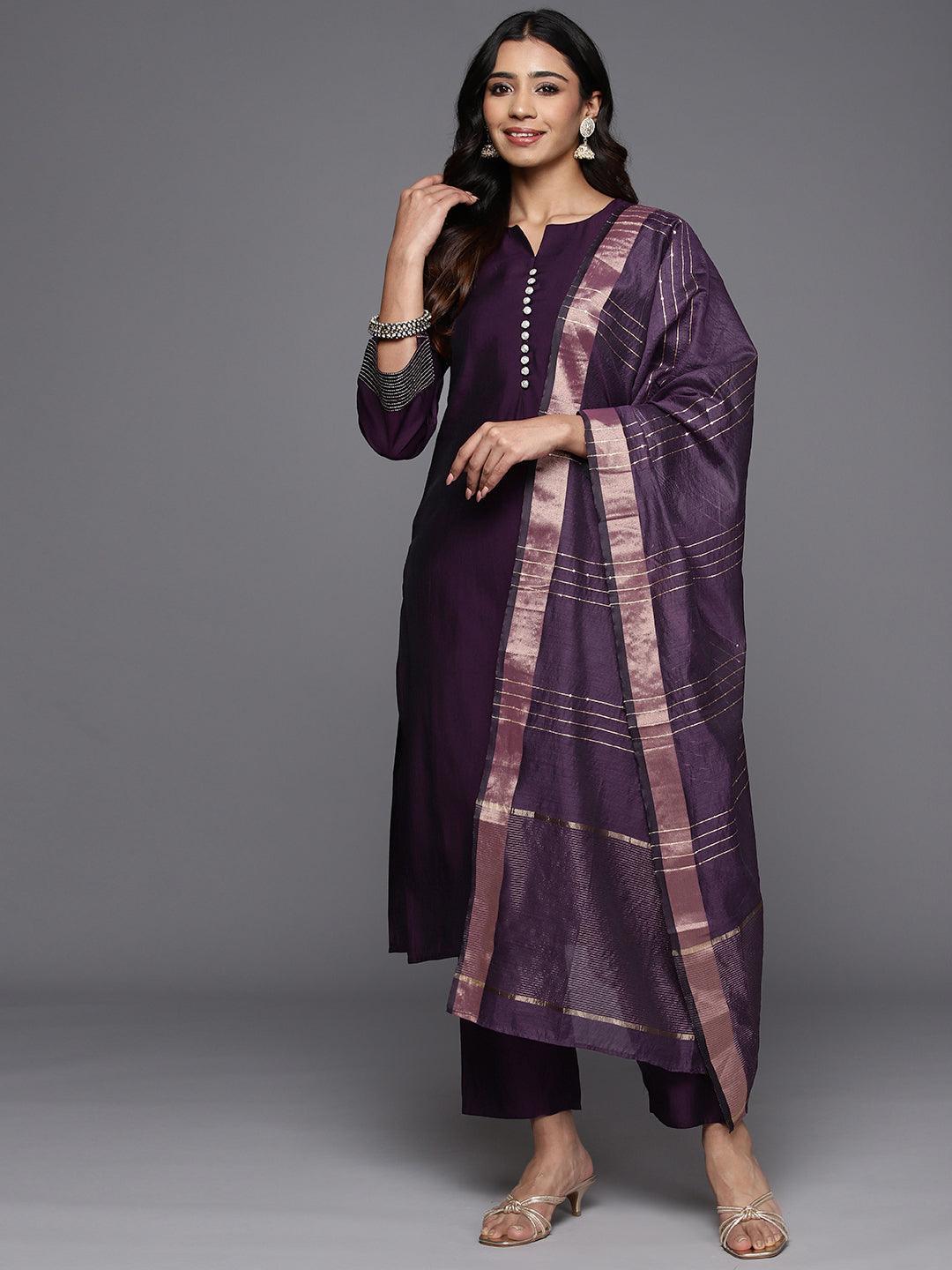 Purple Solid Silk Blend Straight Kurta With Trousers & Dupatta - Libas