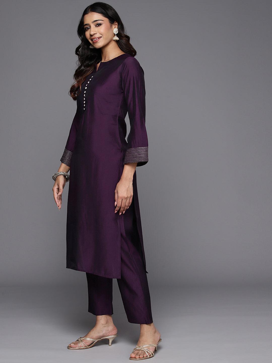 Purple Solid Silk Blend Straight Suit With Dupatta