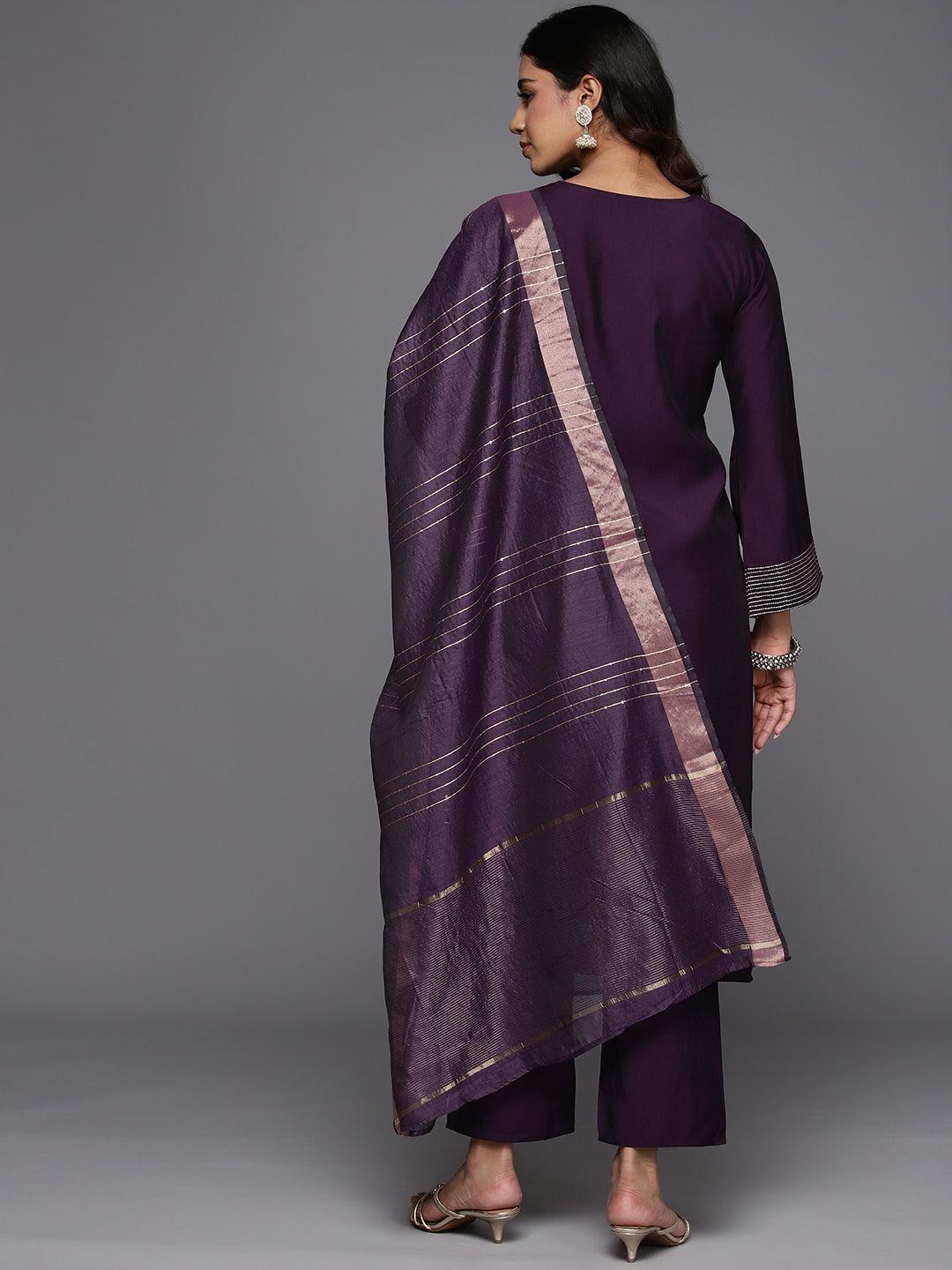Purple Solid Silk Blend Straight Suit With Dupatta