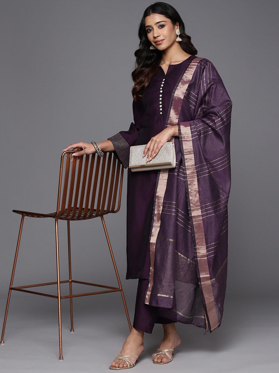 Purple Solid Silk Blend Straight Suit With Dupatta
