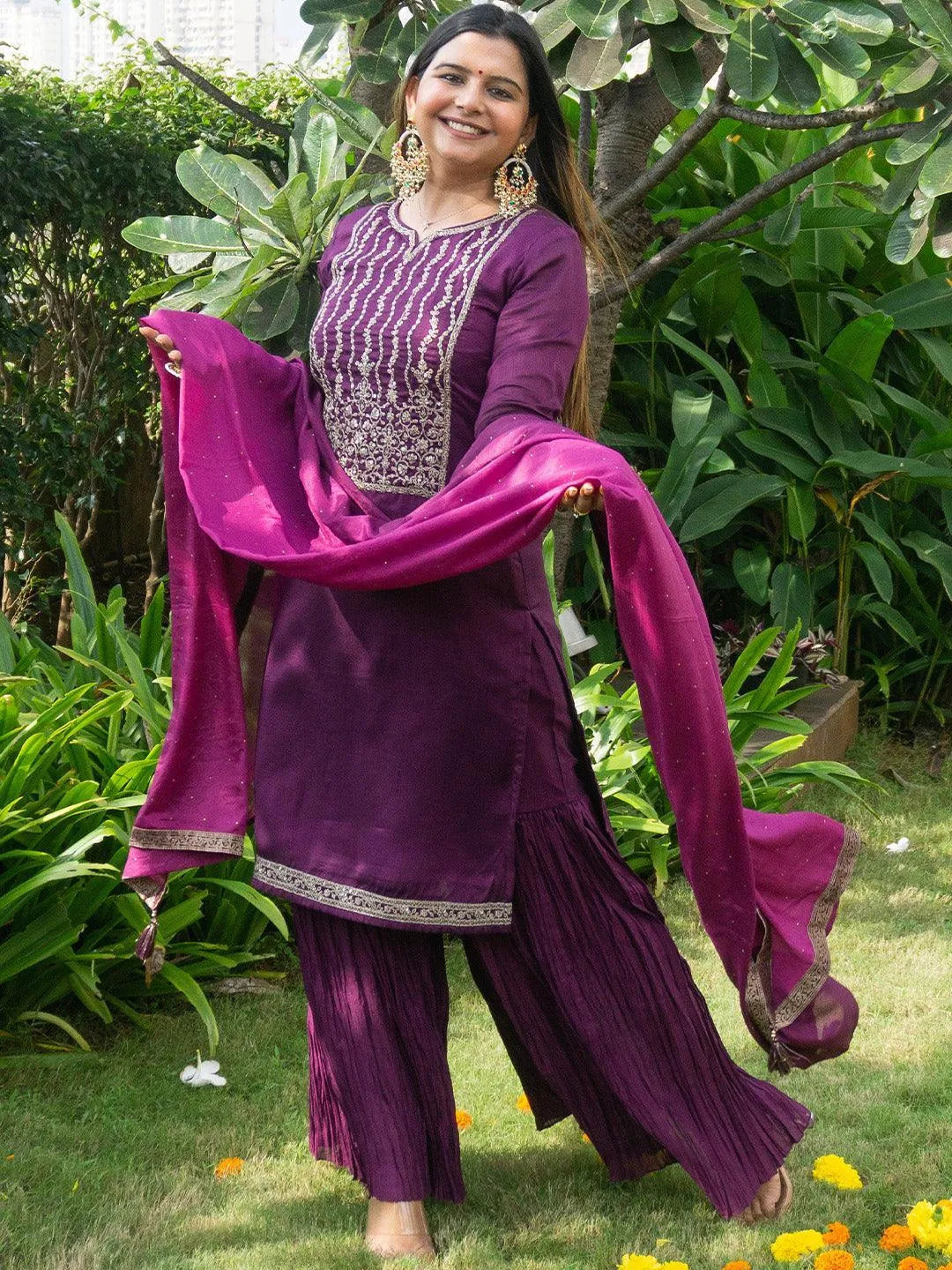 Purple Yoke Design Silk Blend Straight Suit Set