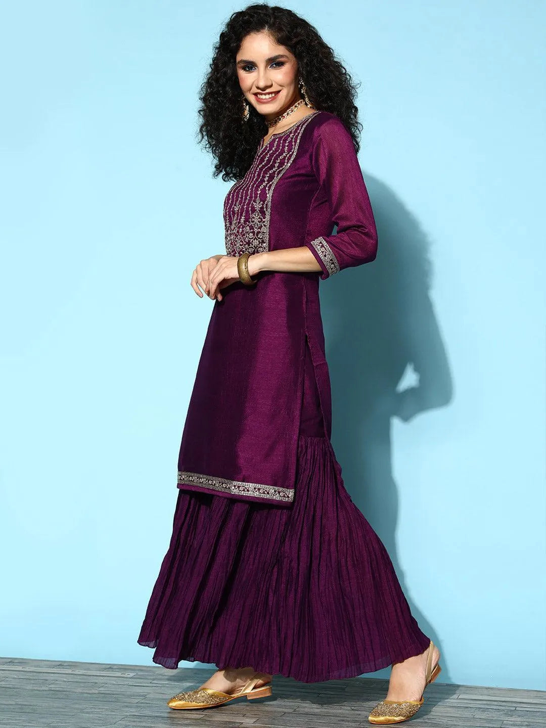 Purple Yoke Design Silk Blend Straight Suit Set