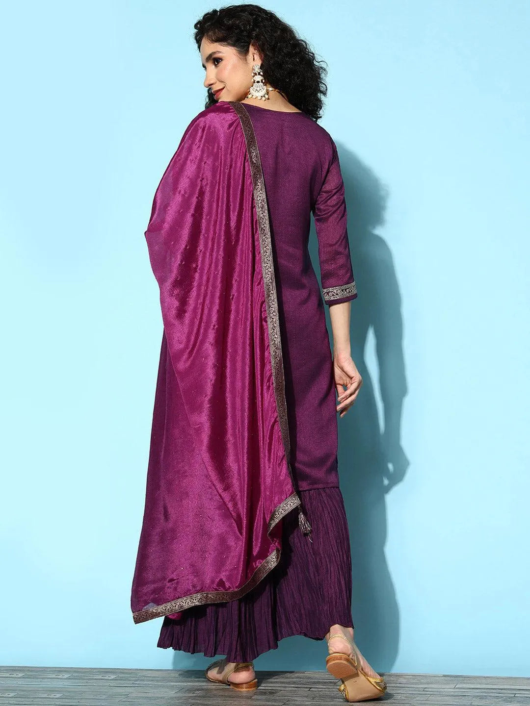 Purple Yoke Design Silk Blend Straight Suit Set