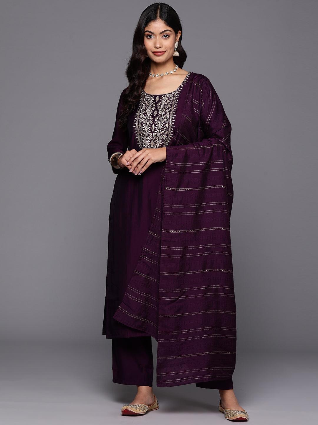 Purple Yoke Design Silk Blend Straight Kurta With Trousers & Dupatta - Libas