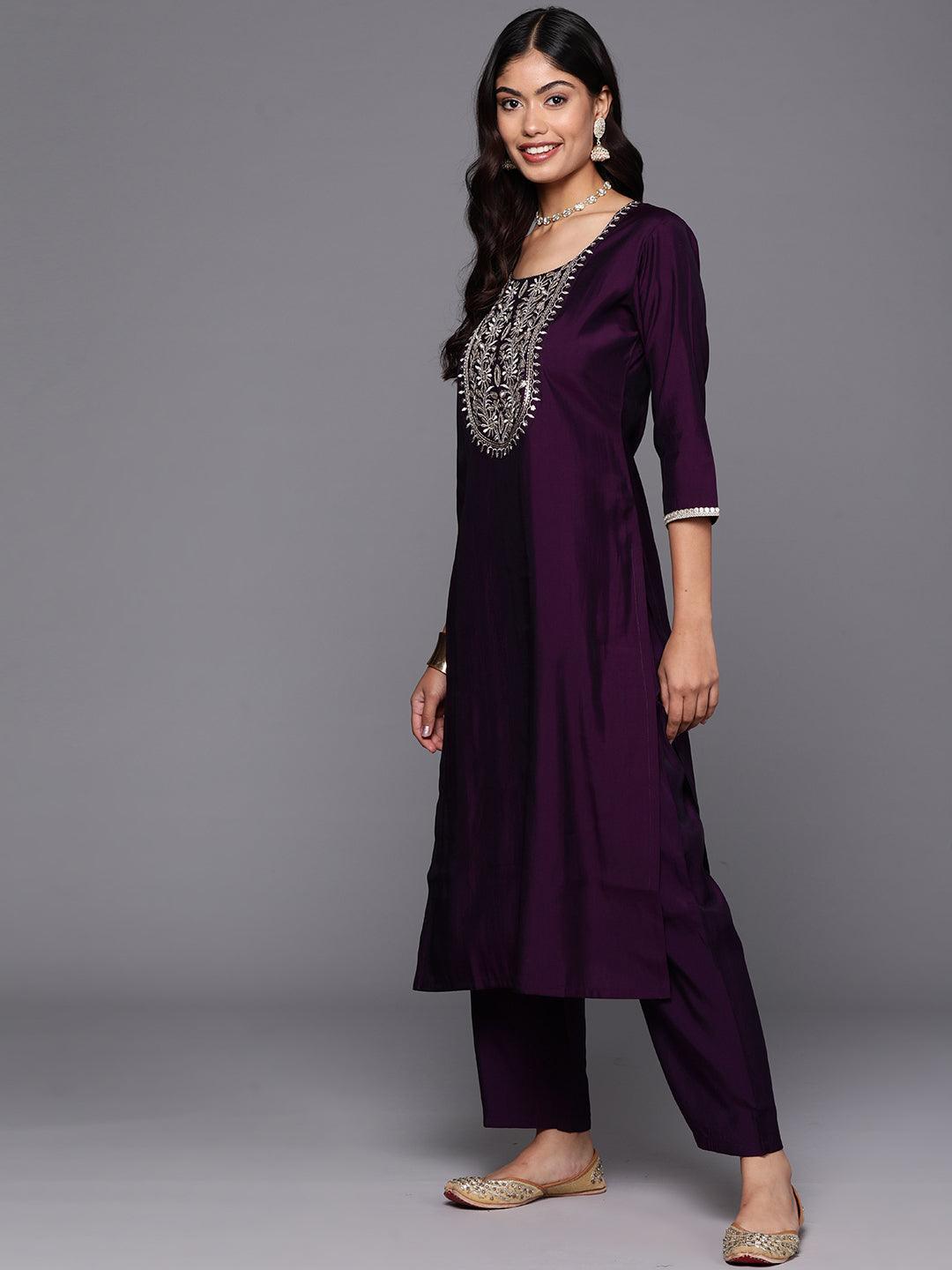 Purple Yoke Design Silk Blend Straight Suit With Dupatta