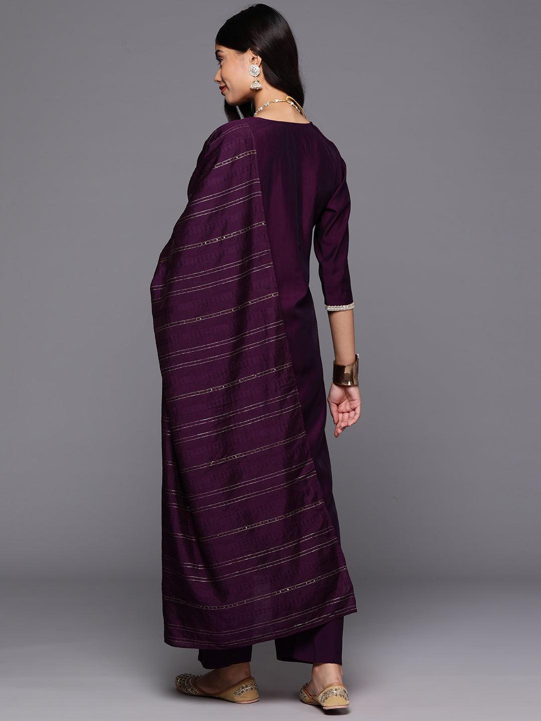 Purple Yoke Design Silk Blend Straight Kurta With Trousers & Dupatta - Libas