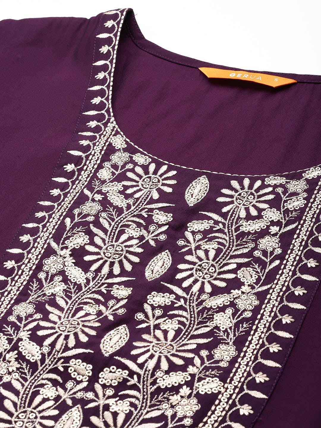 Purple Yoke Design Silk Blend Straight Suit With Dupatta