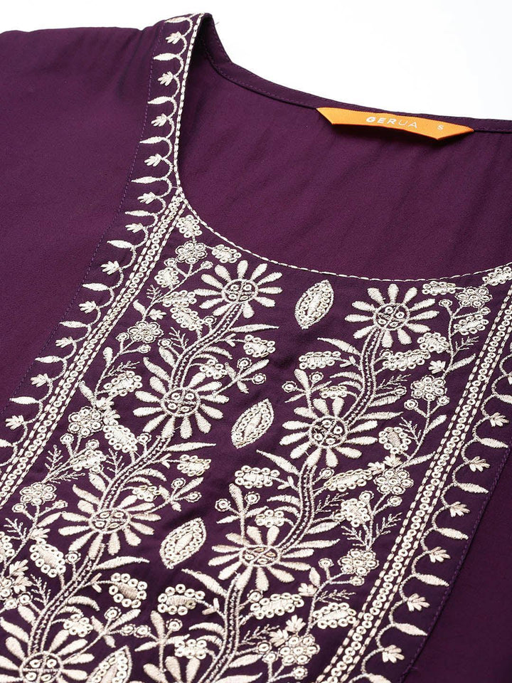 Purple Yoke Design Silk Blend Straight Kurta With Trousers & Dupatta - Libas