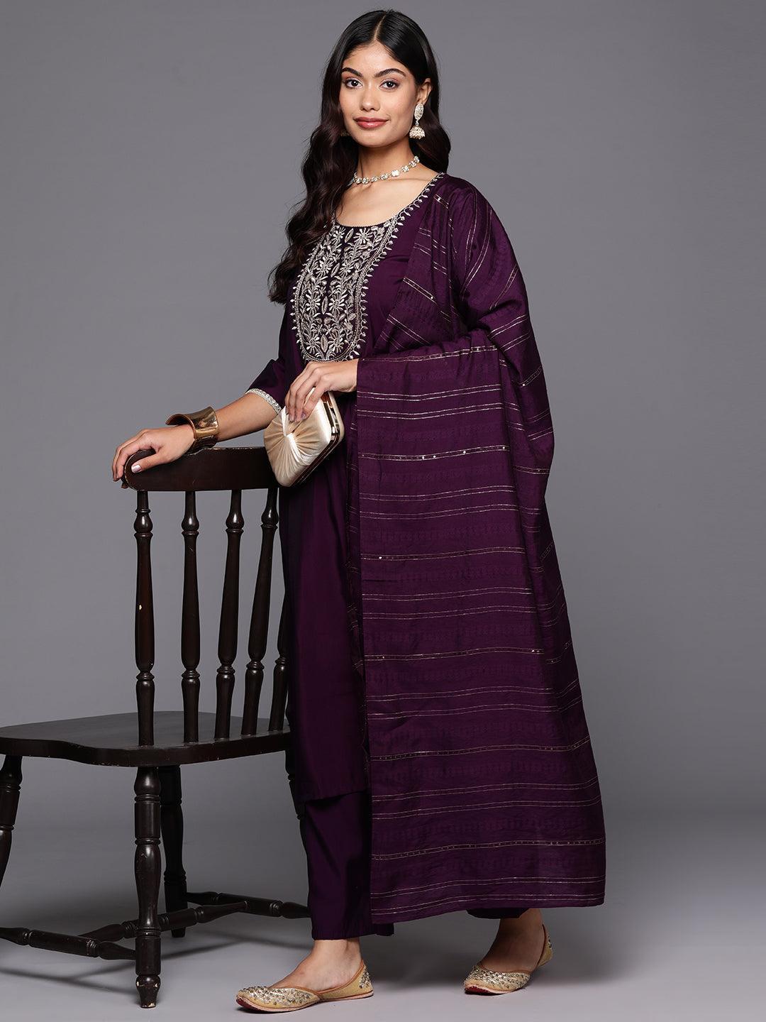 Purple Yoke Design Silk Blend Straight Kurta With Trousers & Dupatta - Libas