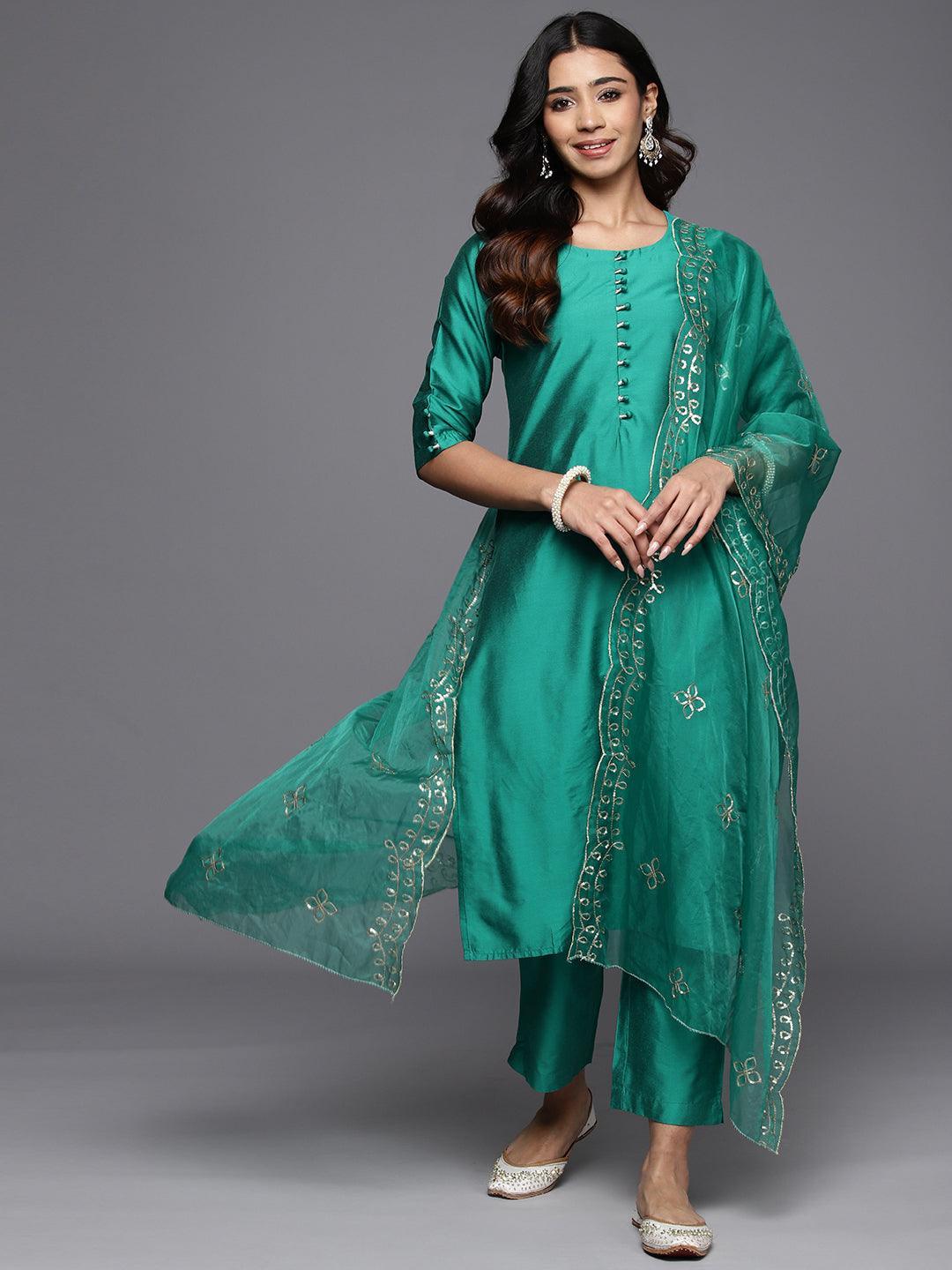 Green Solid Silk Blend Straight Suit With Dupatta