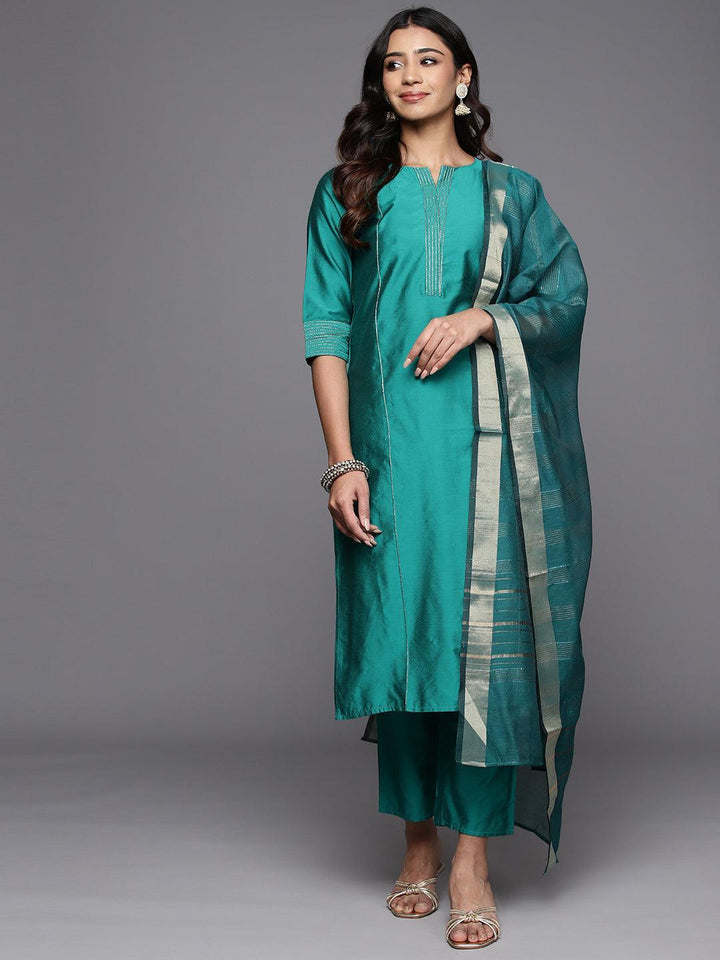 Rama Green Solid Silk Blend Straight Kurta With Trousers & Dupatta - Libas