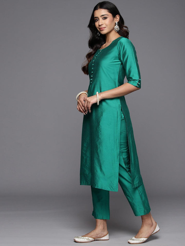 Rama Green Solid Silk Blend Straight Kurta With Trousers & Dupatta - Libas