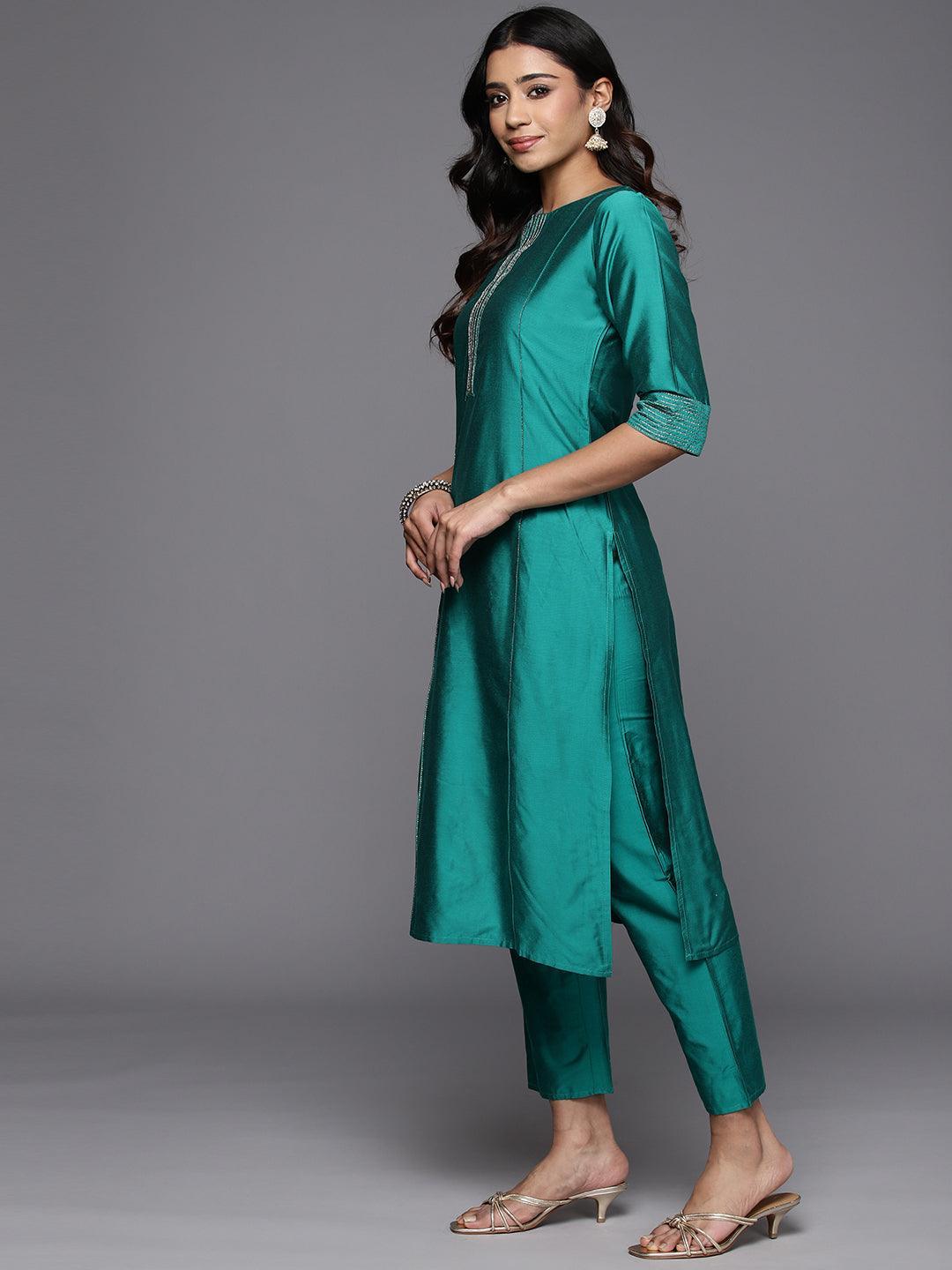 Rama Green Solid Silk Blend Straight Kurta With Trousers & Dupatta - Libas