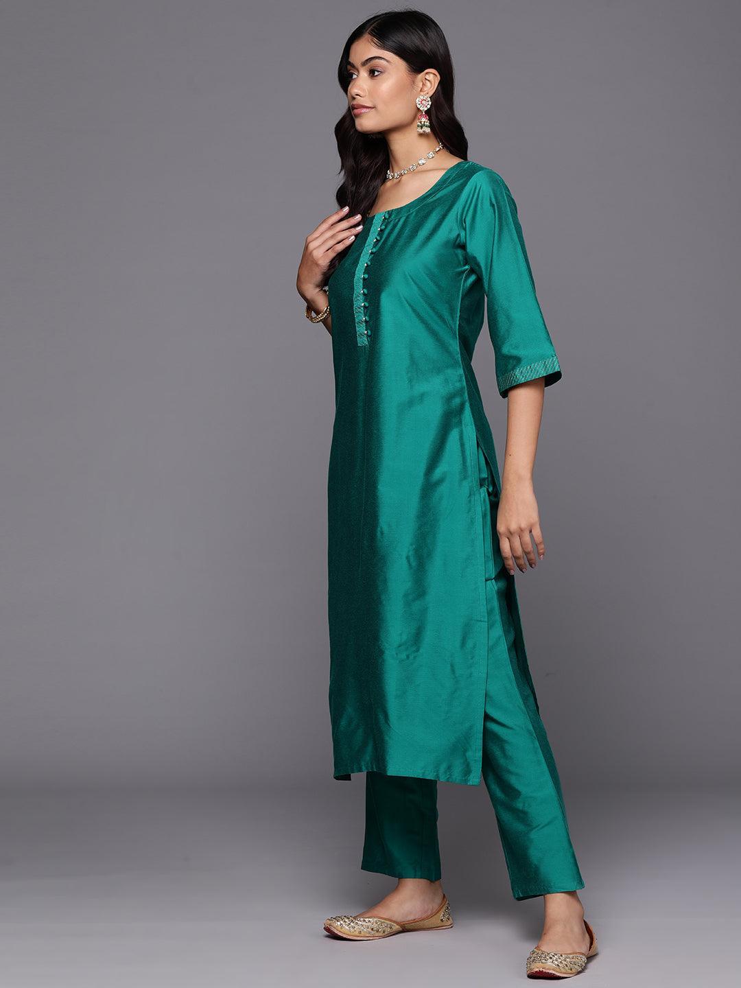 Green Solid Silk Blend Straight Suit With Dupatta