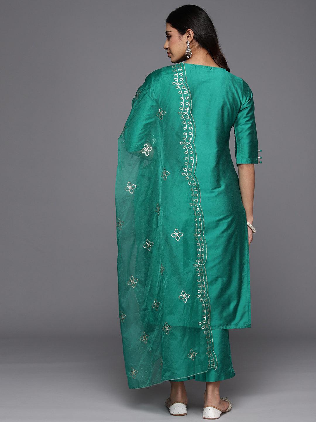 Green Solid Silk Blend Straight Suit With Dupatta