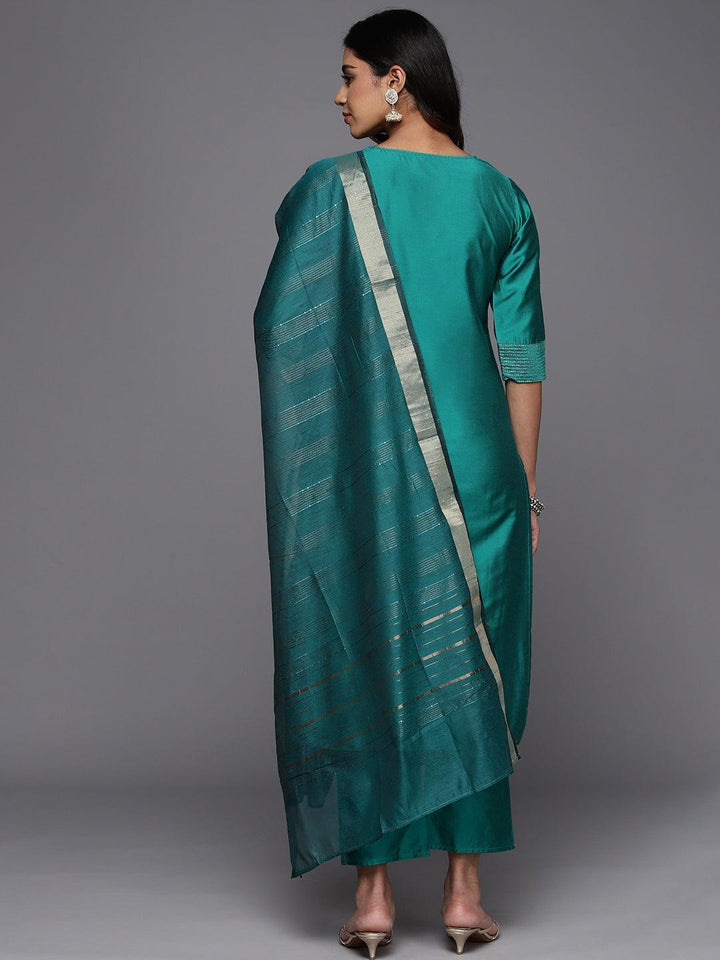 Rama Green Solid Silk Blend Straight Kurta With Trousers & Dupatta - Libas