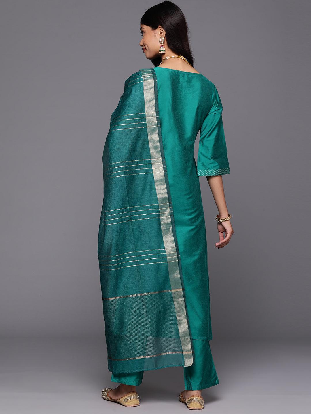 Green Solid Silk Blend Straight Suit With Dupatta