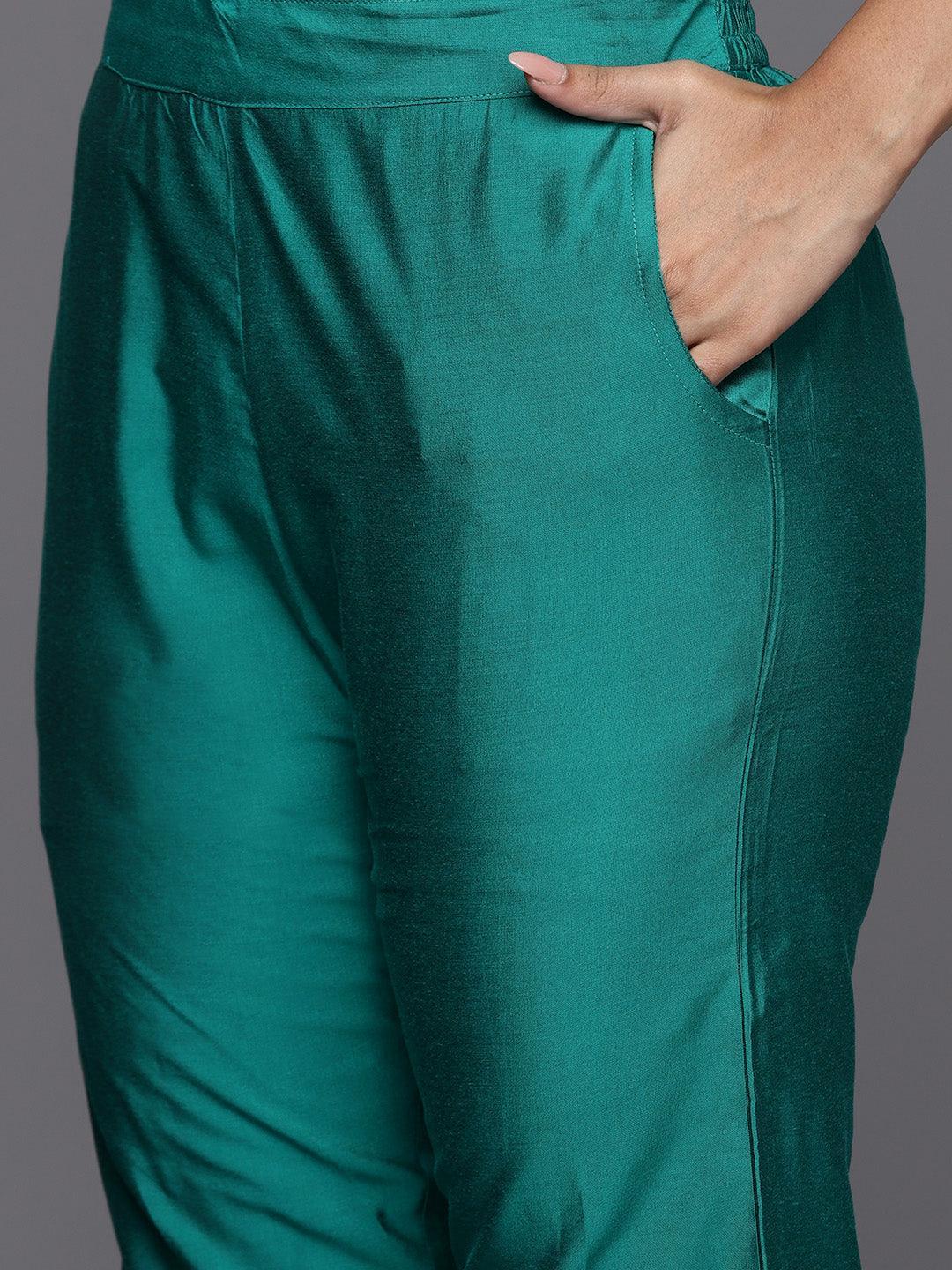 Rama Green Solid Silk Blend Straight Kurta With Trousers & Dupatta - Libas