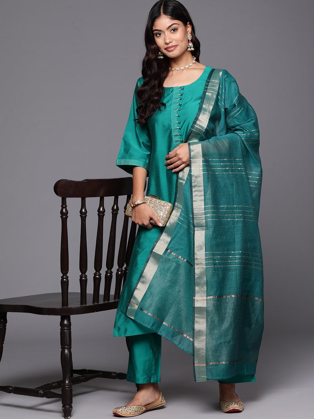 Green Solid Silk Blend Straight Suit With Dupatta