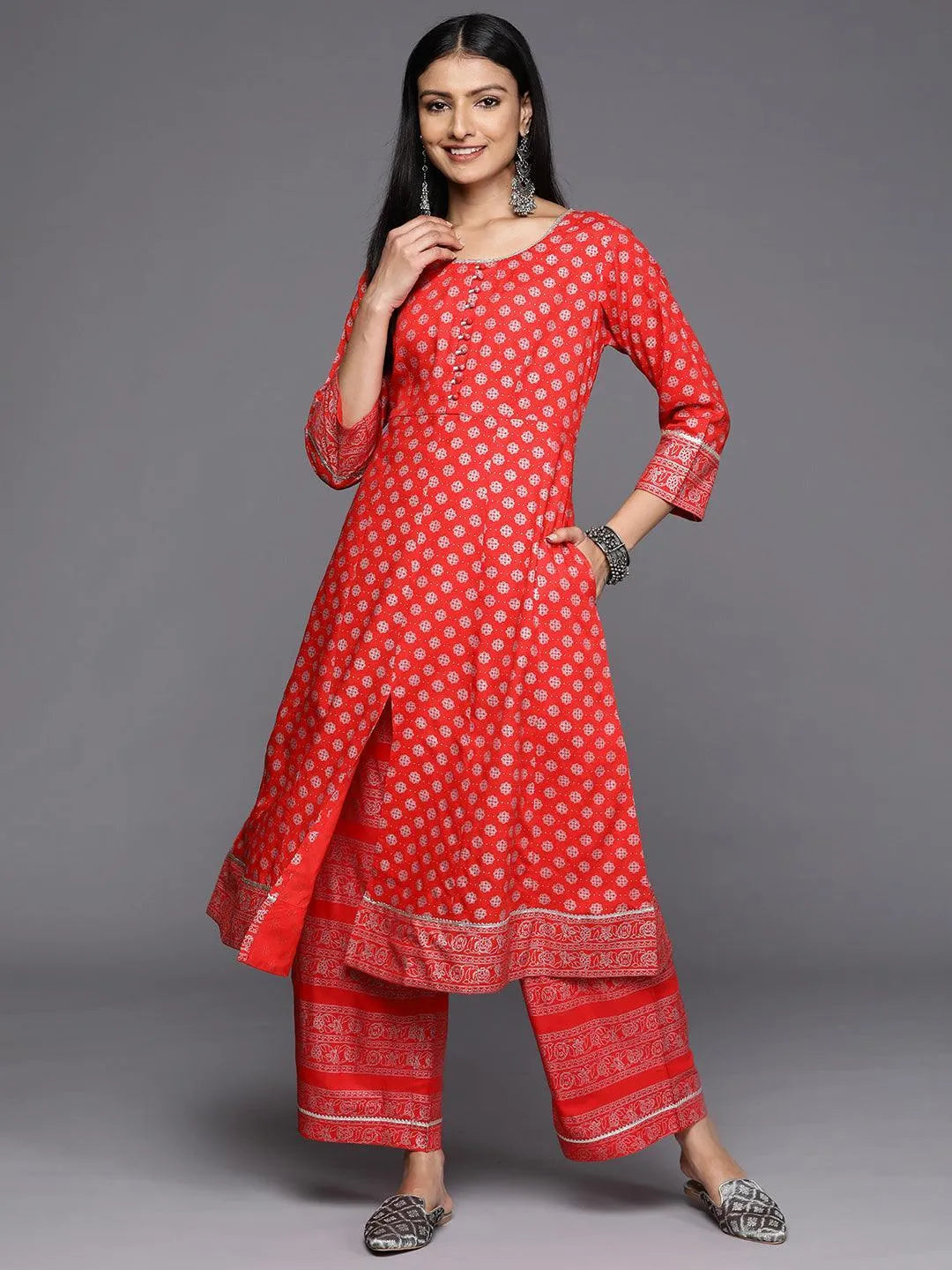 Red Printed Rayon A-Line Kurta - Libas