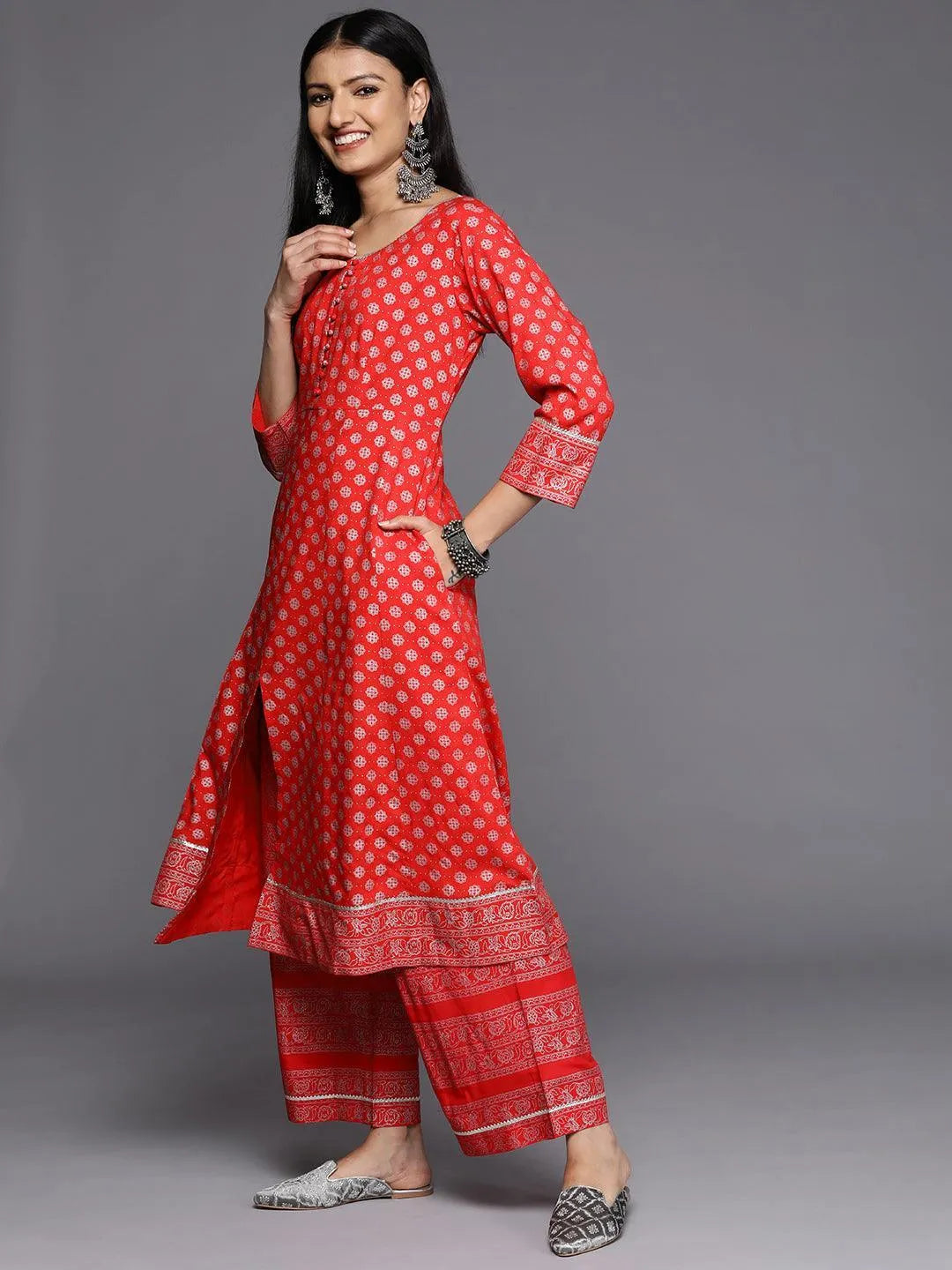 Red Printed Rayon A-Line Kurta