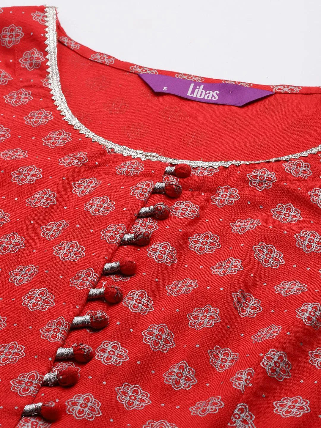 Red Printed Rayon A-Line Kurta - Libas