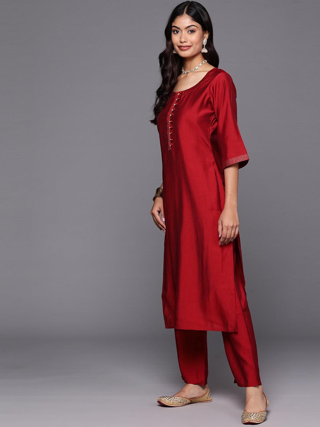 Red Solid Silk Blend Straight Suit With Dupatta